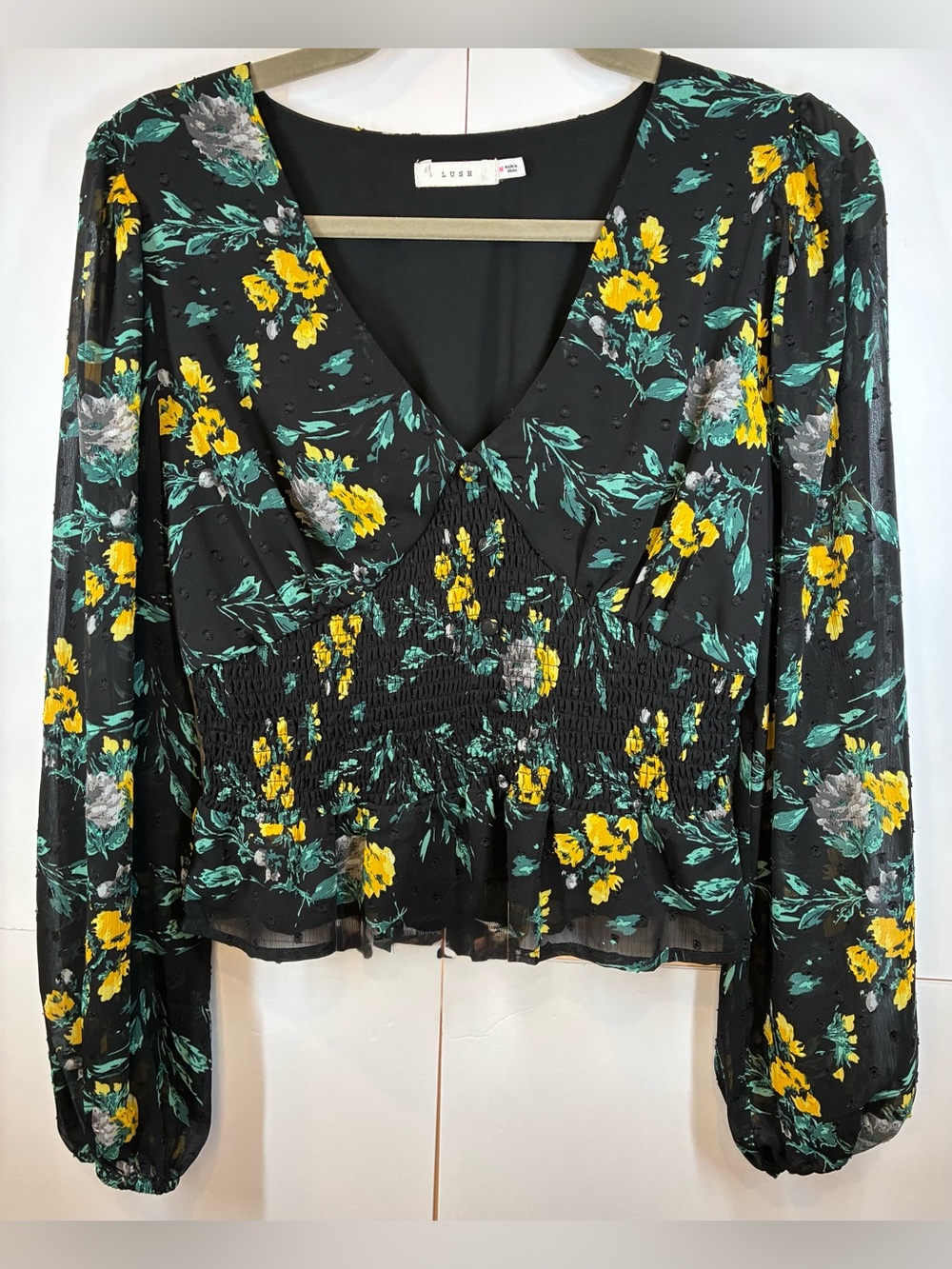Lush Black Floral Swiss Dot Smocked Waist V-Neck Blouse Black/Yellow Medium